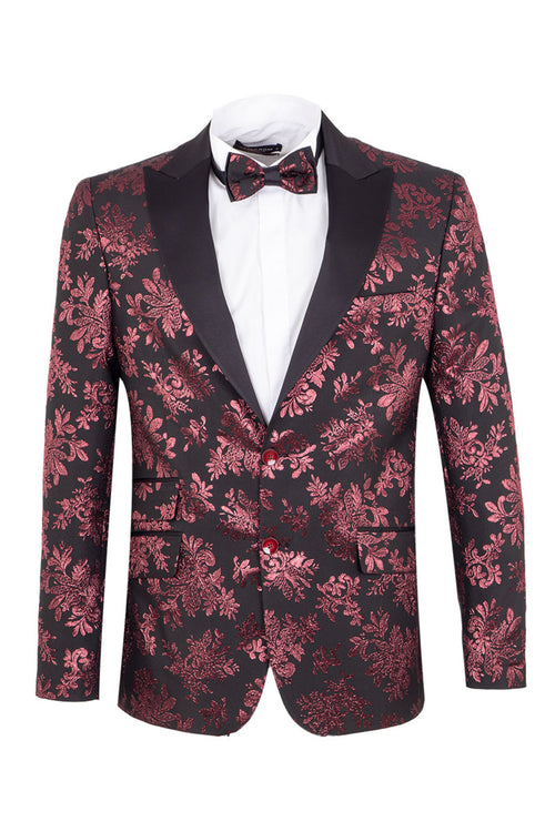 Bordo Siyah Jakarlı Slim Fit Erkek Ceket - Çift Düğmeli & Papyonlu