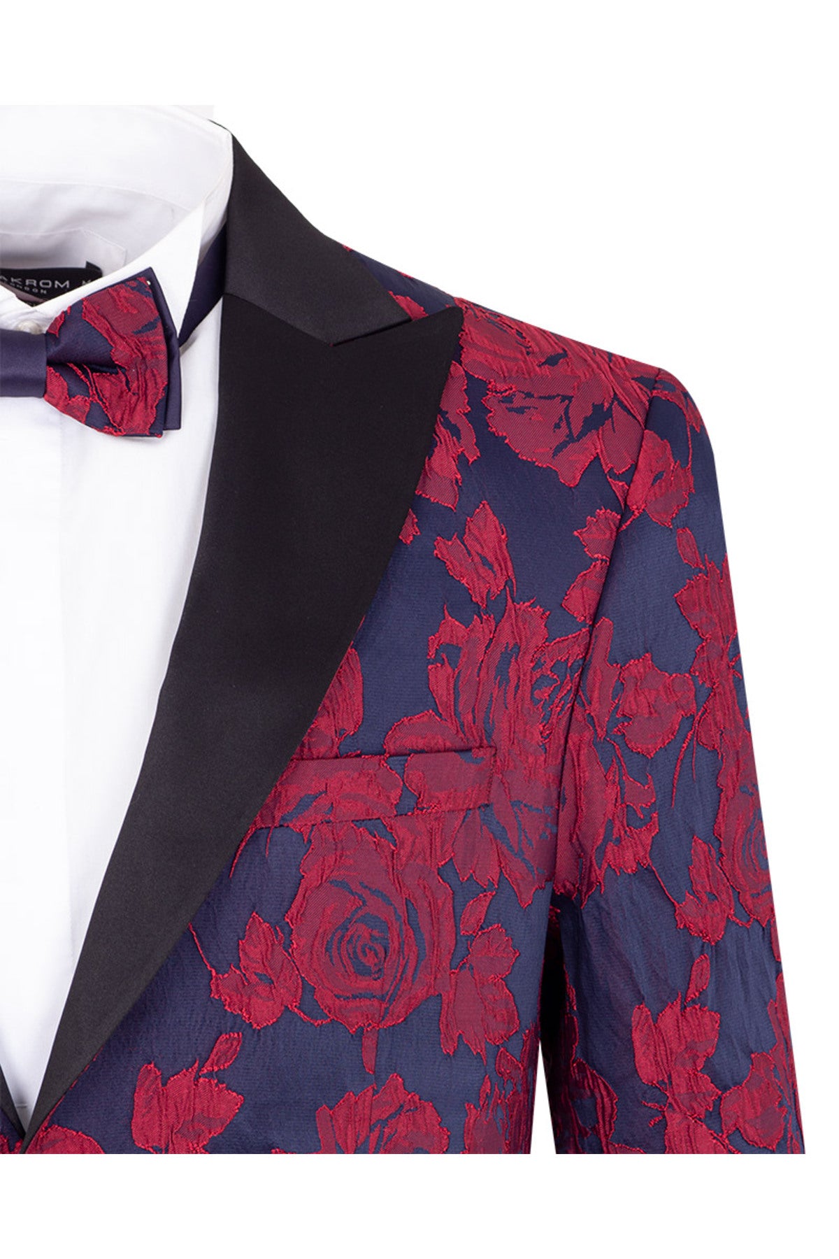 Özel Tasarım Çift Cepli Bordo Gül Desenli Blazer Ceket ve Papyon Takımı