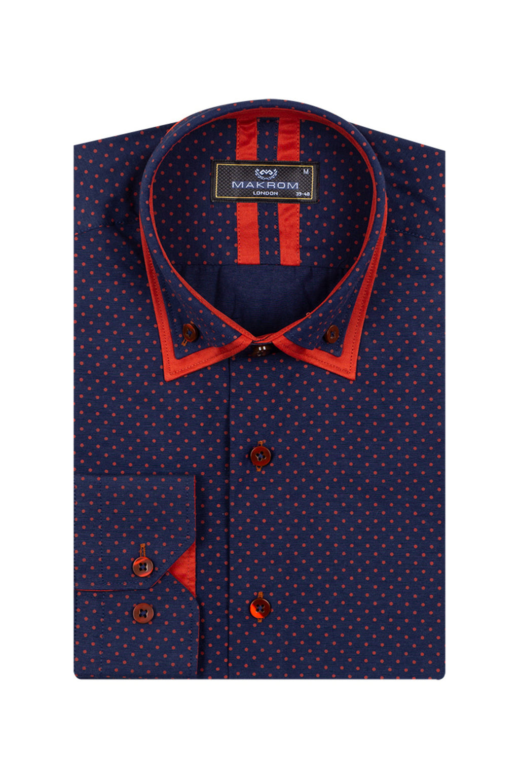 Erkek Lacivert Kırmızı Puantiyeli Duble Yaka Pamuklu Slim Fit Gömlek