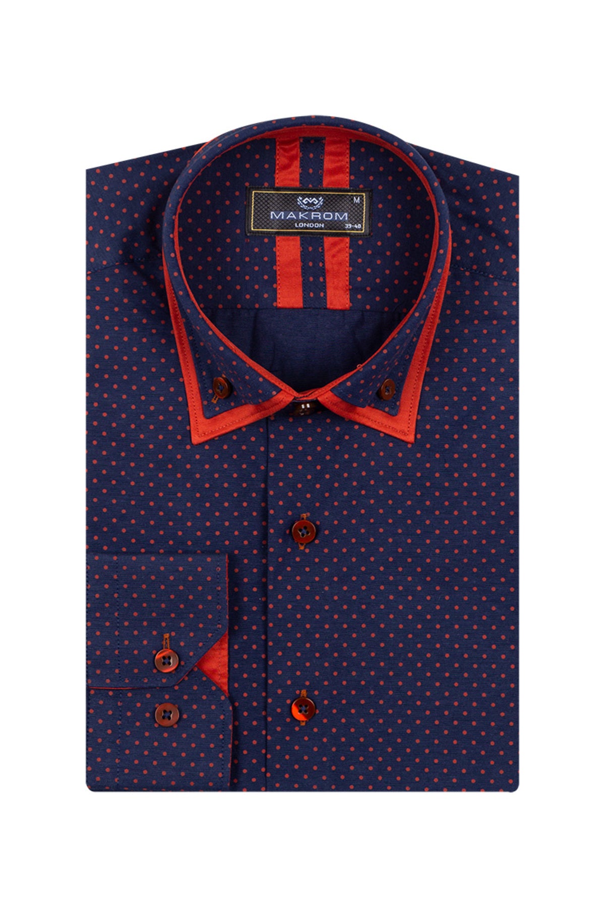 Erkek Lacivert Kırmızı Puantiyeli Duble Yaka Pamuklu Slim Fit Gömlek