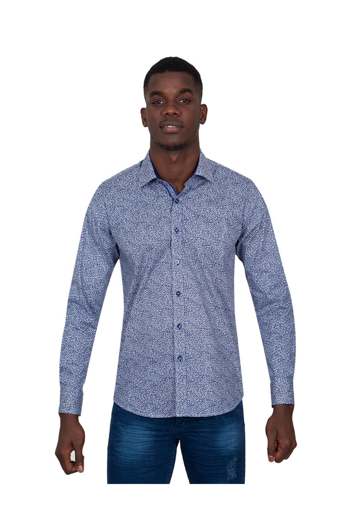 Slim Fit Mavi Kontrast Detaylı Mikro Çiçekli Likralı Pamuk Gömlek