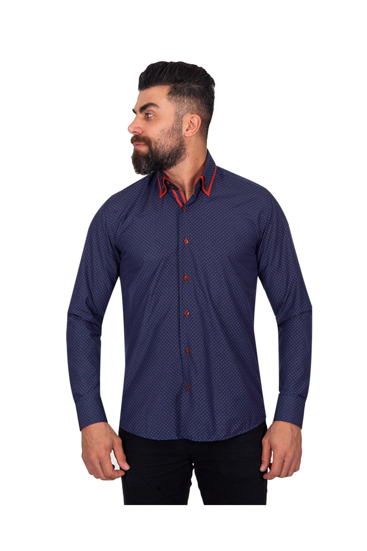 Erkek Lacivert Kırmızı Puantiyeli Duble Yaka Pamuklu Slim Fit Gömlek