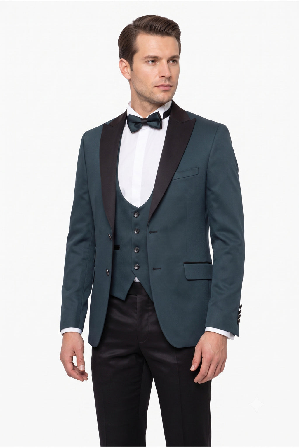 Erkek Slim Fit 3’lü Smokin Seti - Ceket + Yelek + Papyon - Haki