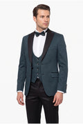 Erkek Slim Fit 3’lü Smokin Seti - Ceket + Yelek + Papyon - Haki