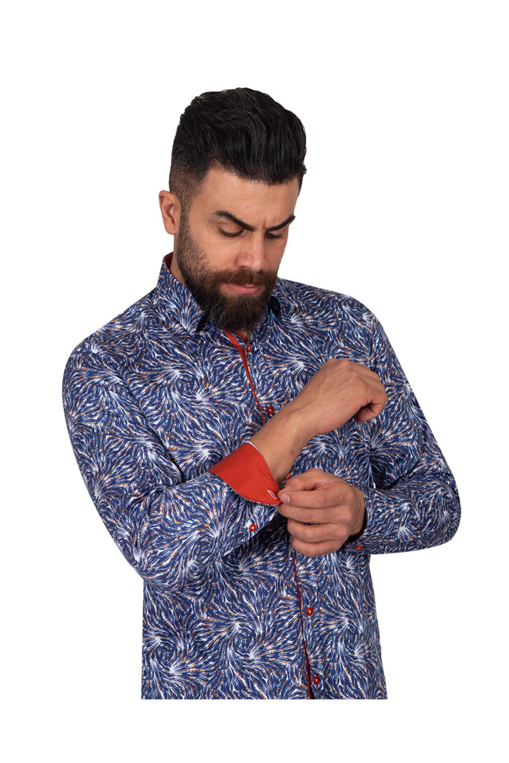 Slim Fit - Kırmızı Detaylı Mikro Desenli %100 Pamuk Gömlek