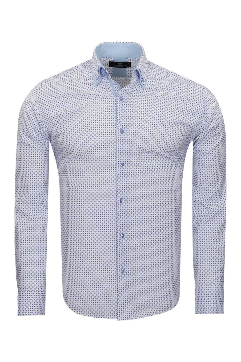 Erkek Beyaz Mavi Mikro Desenli Duble Yaka Slim Fit Pamuklu Gömlek