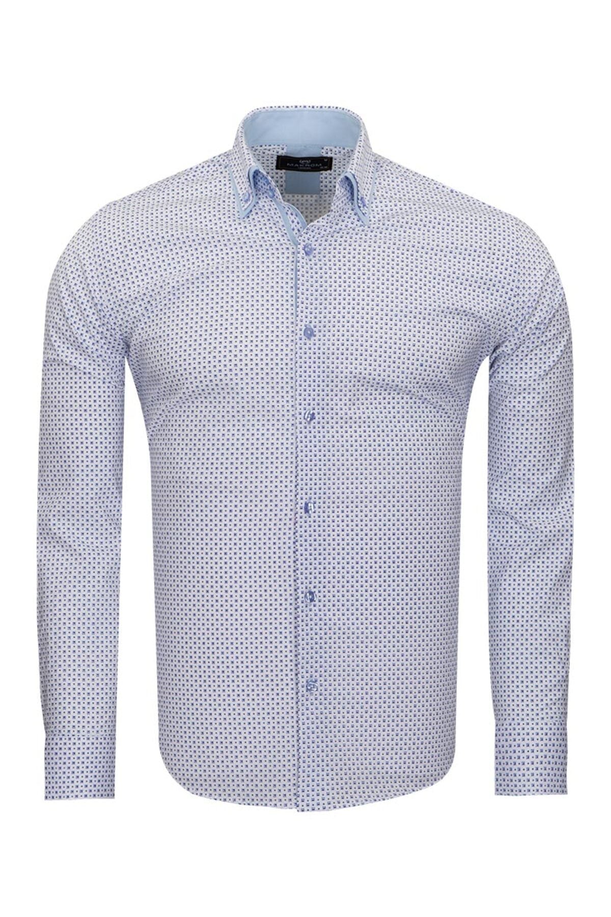 Erkek Beyaz Mavi Mikro Desenli Duble Yaka Slim Fit Pamuklu Gömlek