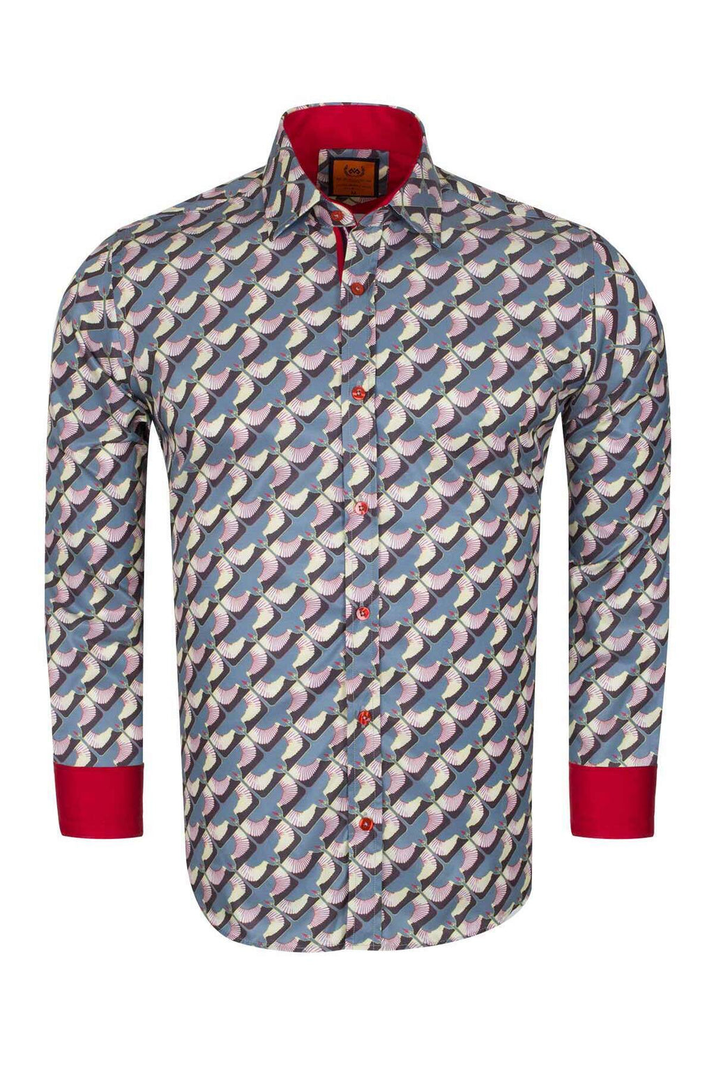 Tasarım Erkek Slim Fit İtalyan Yaka Turna Kuşu Desenli Pamuklu Gömlek