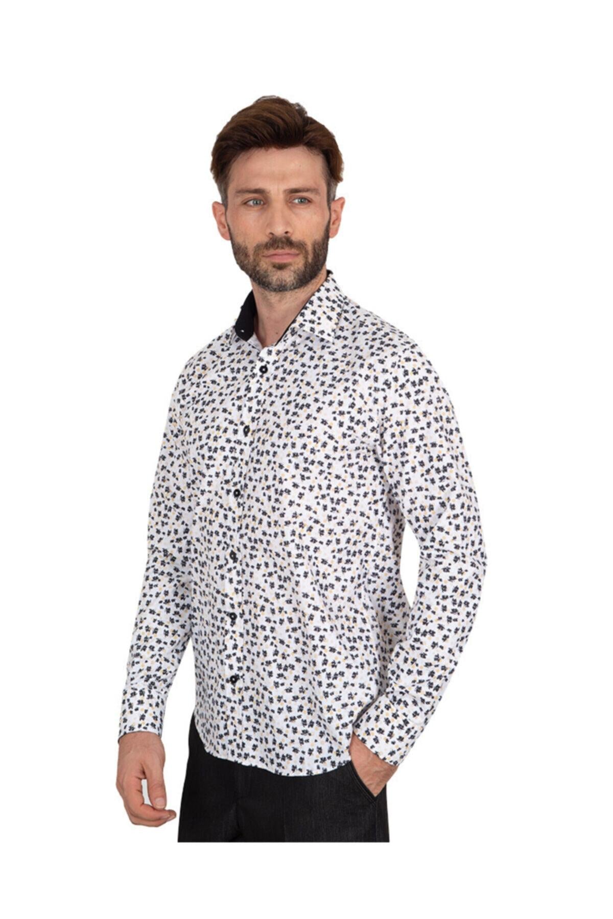 Erkek Siyah Desenli Uzun Kol Detaylı Classic Fit Pamuklu Gömlek