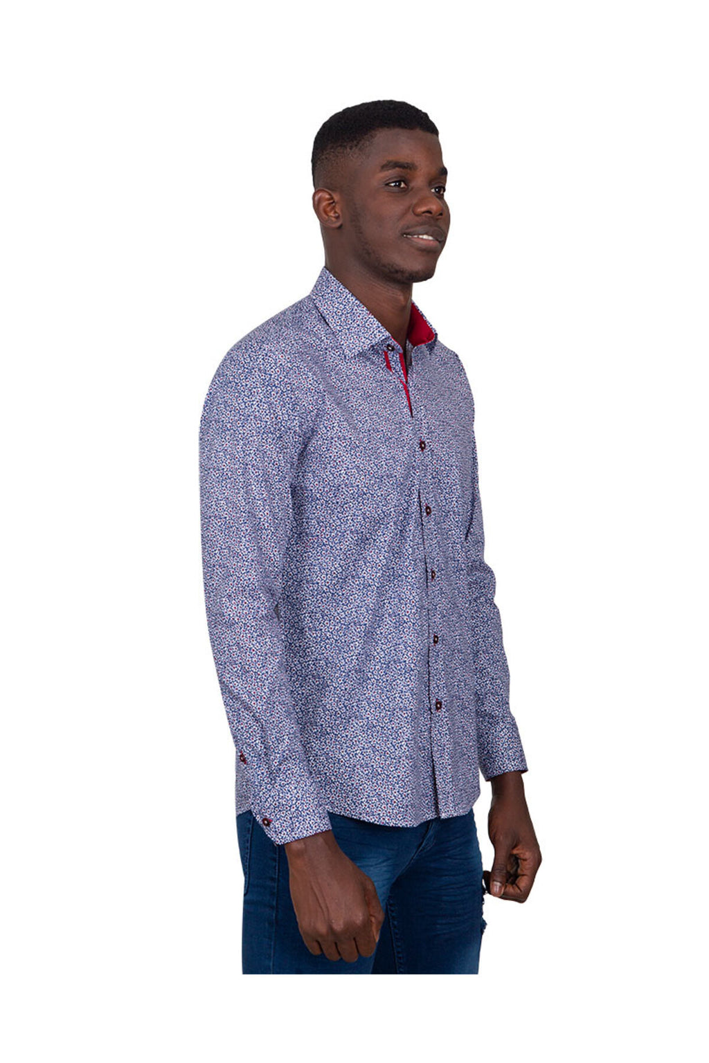 Slim Fit Kırmızı Kontrast Detaylı Mikro Çiçekli Likralı Pamuk Gömlek