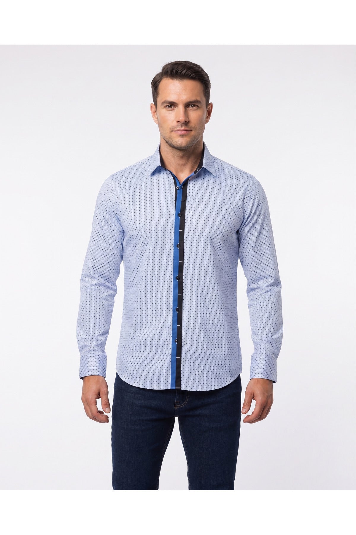 Slim Fit Mavi Detaylı İnce Çizgili Pamuklu Erkek Gömlek