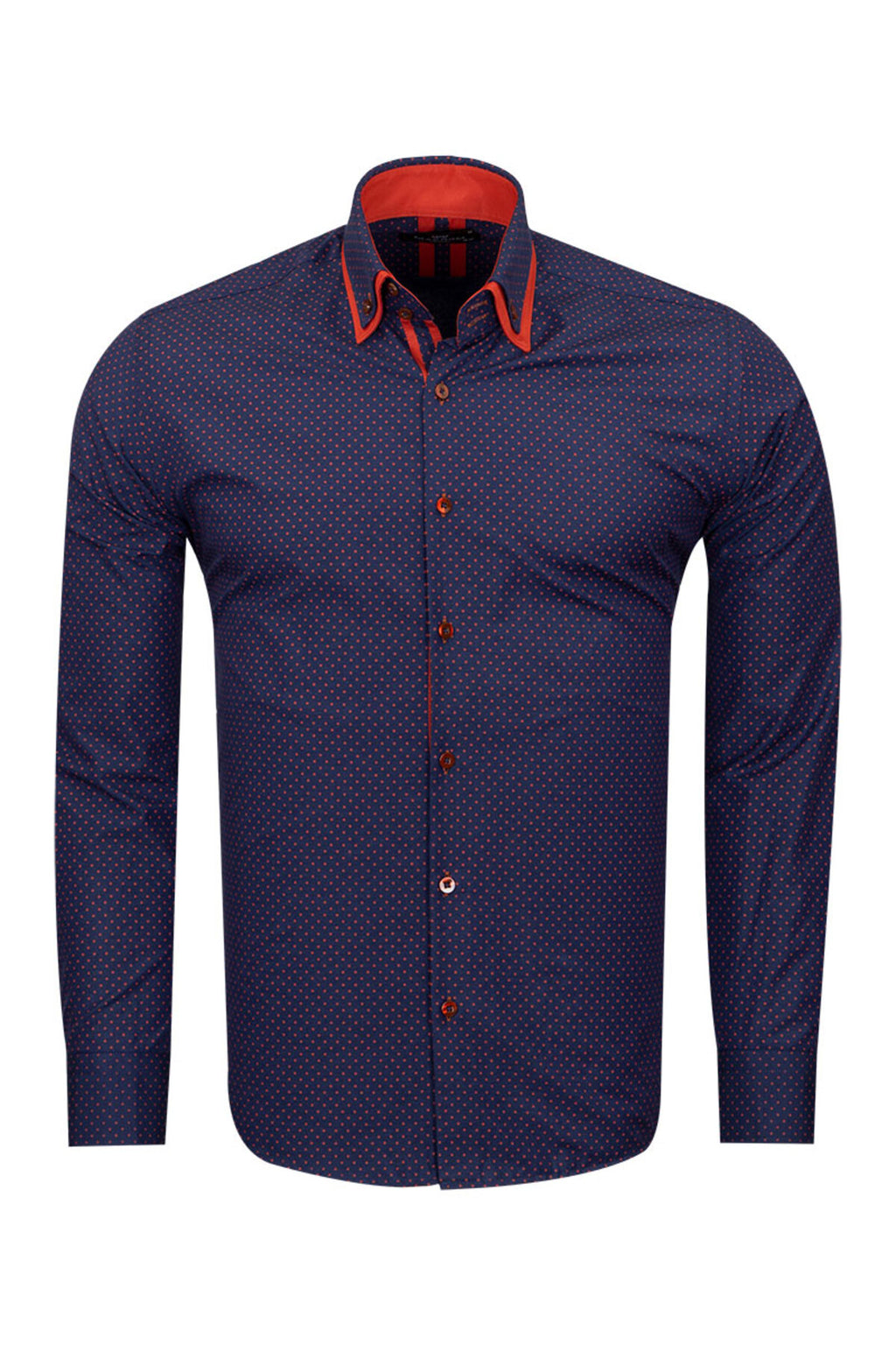 Erkek Lacivert Kırmızı Puantiyeli Duble Yaka Pamuklu Slim Fit Gömlek