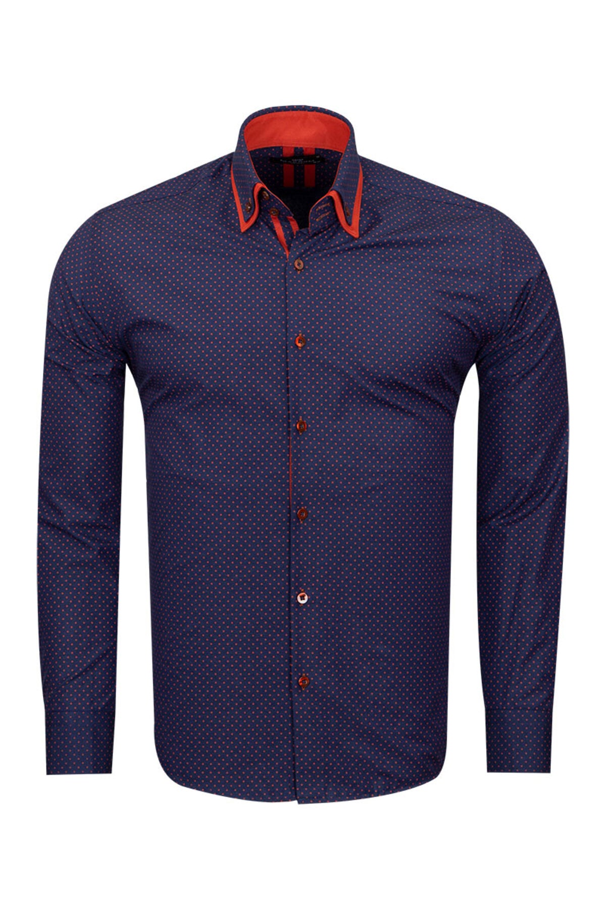 Erkek Lacivert Kırmızı Puantiyeli Duble Yaka Pamuklu Slim Fit Gömlek