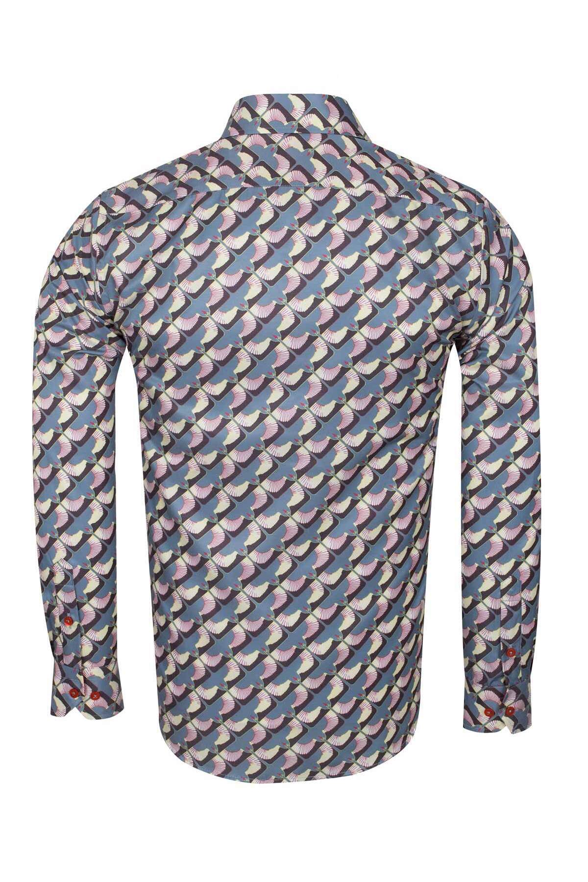 Tasarım Erkek Slim Fit İtalyan Yaka Turna Kuşu Desenli Pamuklu Gömlek