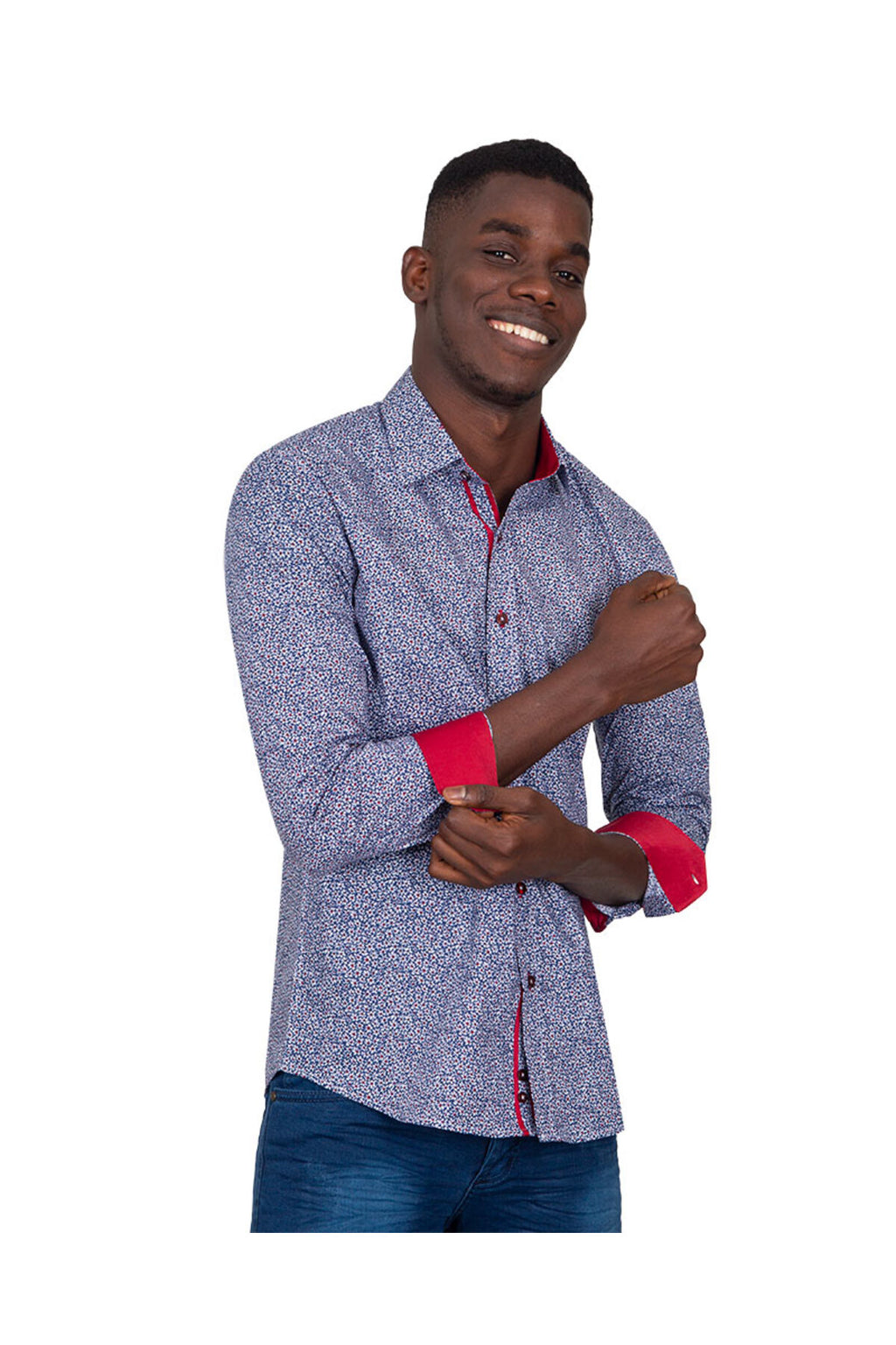 Slim Fit Kırmızı Kontrast Detaylı Mikro Çiçekli Likralı Pamuk Gömlek