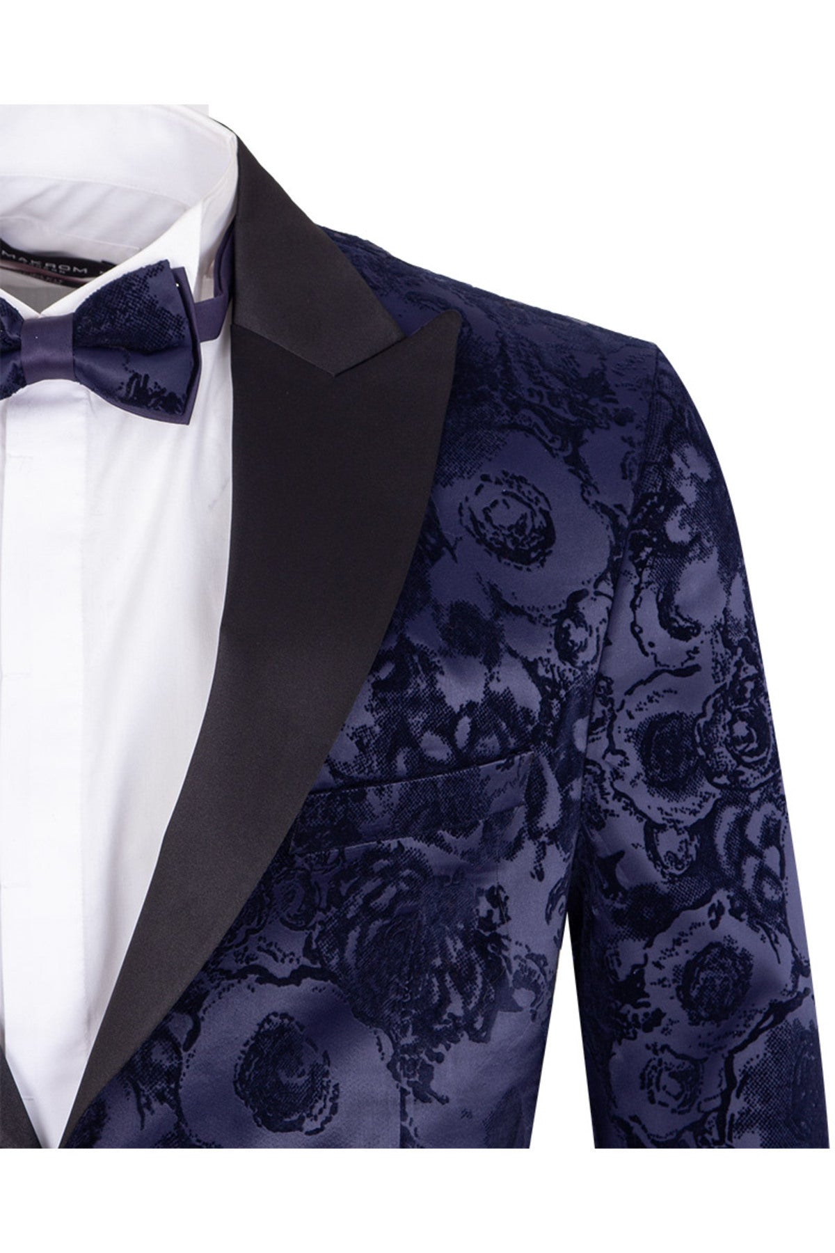 Premium Lacivert Kadife (Velvet) Jakar Smokin Ceket - Kabartma Çiçek Desenli Papyon Seti