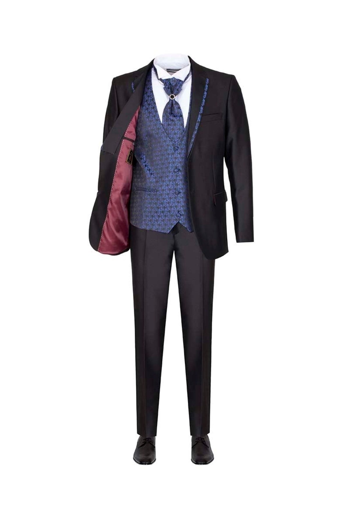 Siyah Damatlık Seti -Seyyar Yaka & Lacivert Desenli Yelek & Aksesuarlı Slim Fit Takım Elbise