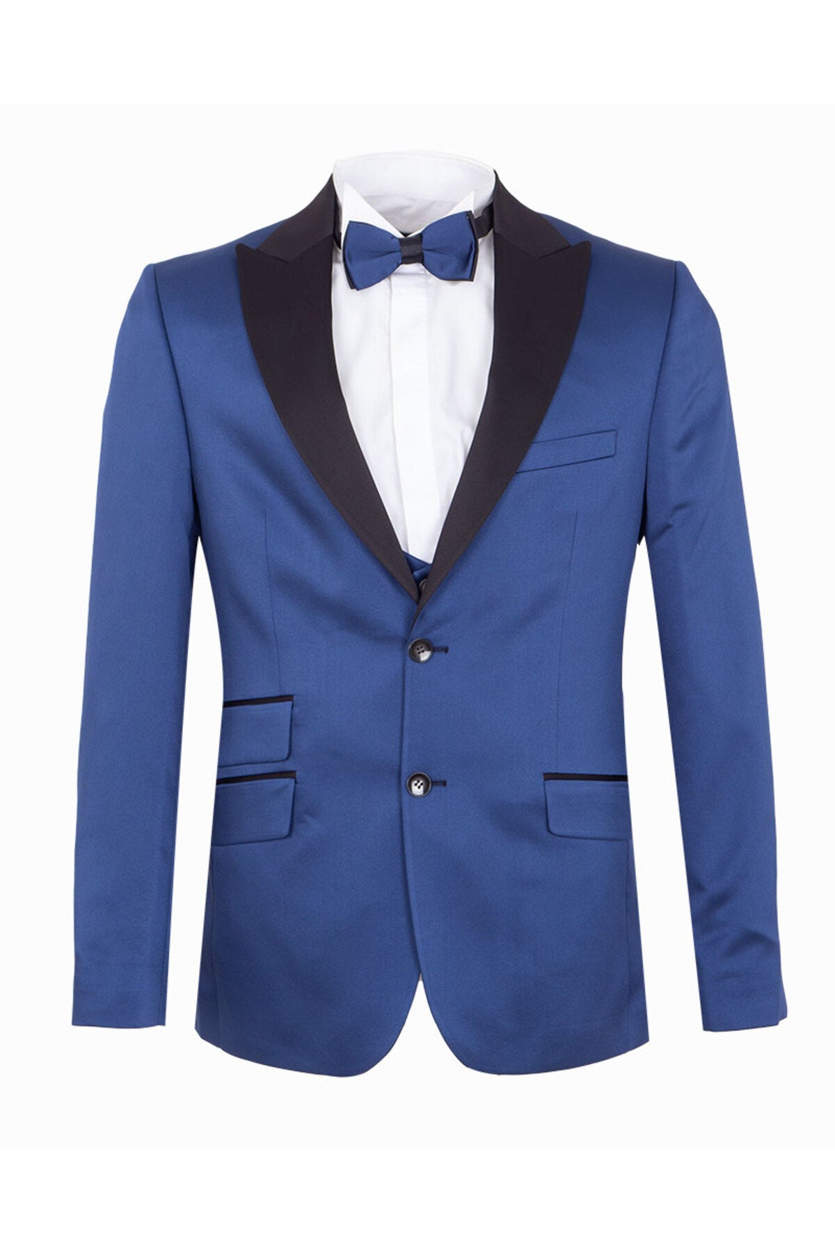 Erkek Slim Fit 3’lü Smokin Seti - Ceket + Yelek + Papyon - Mavi