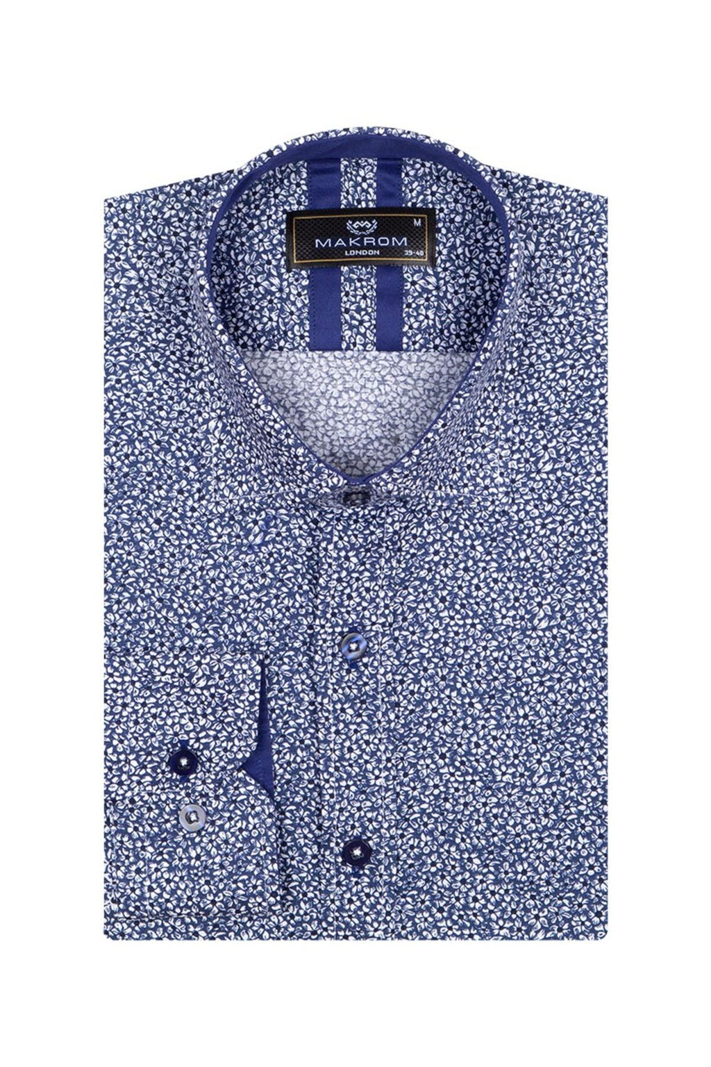 Slim Fit Mavi Kontrast Detaylı Mikro Çiçekli Likralı Pamuk Gömlek