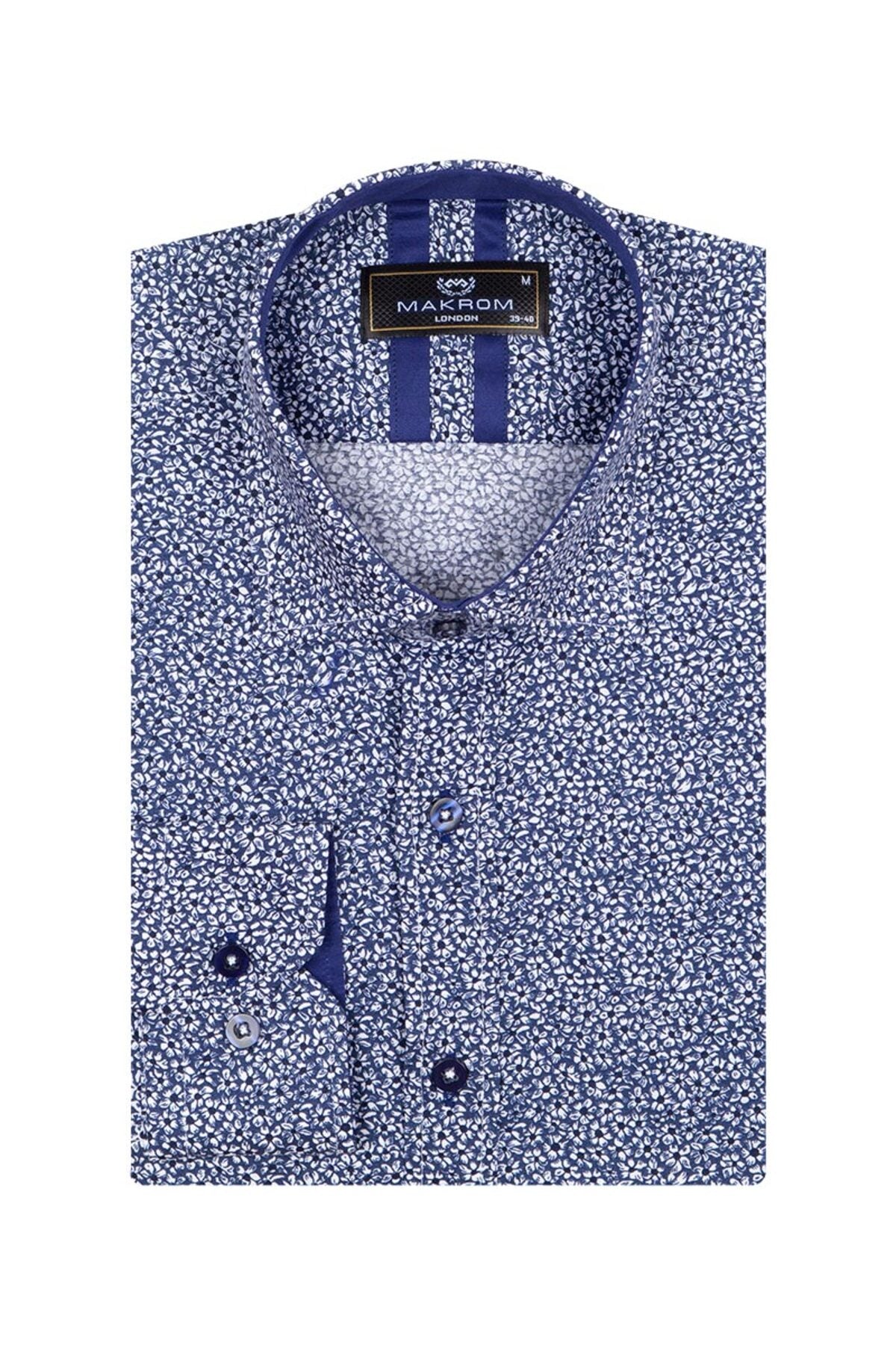Slim Fit Mavi Kontrast Detaylı Mikro Çiçekli Likralı Pamuk Gömlek