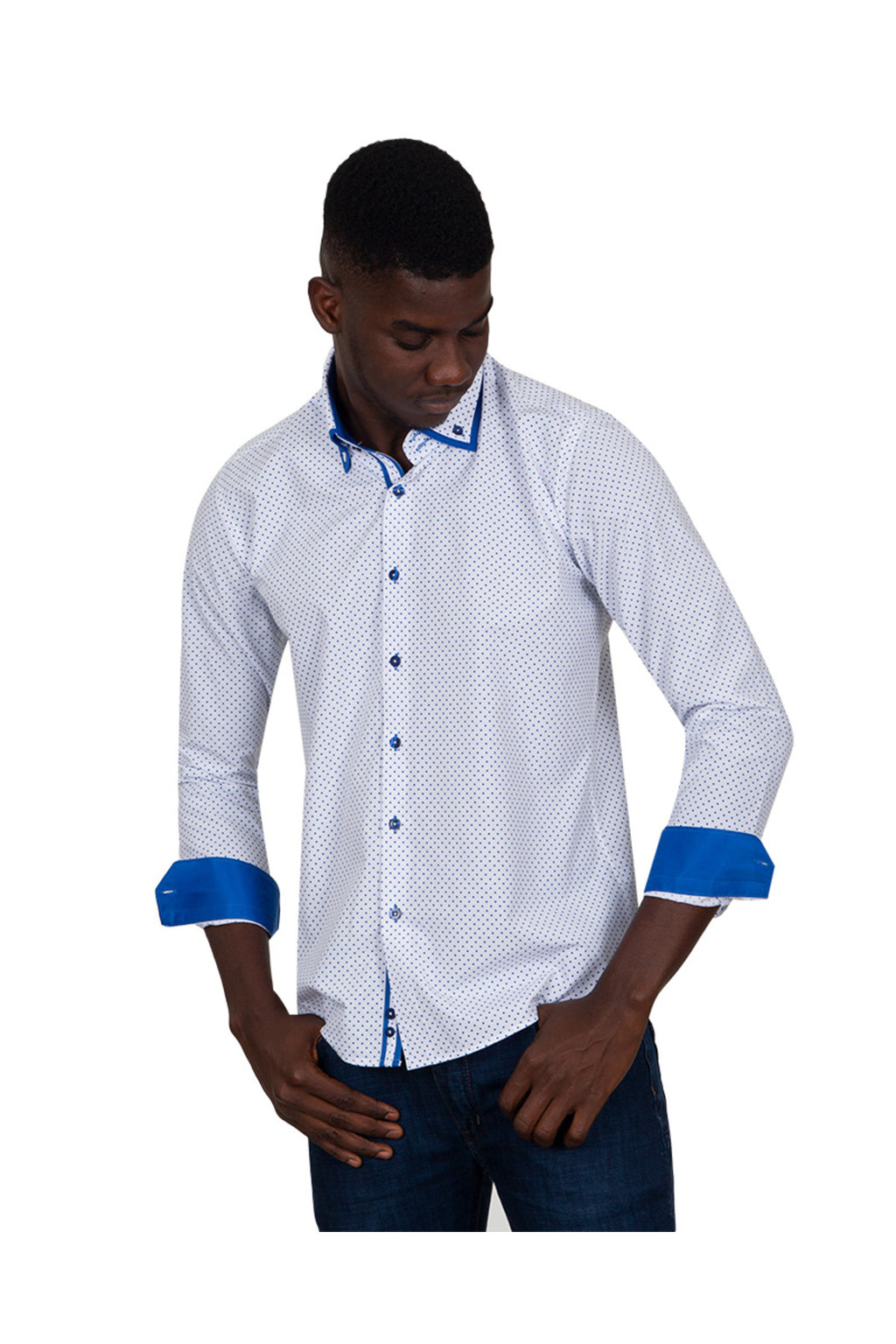 Erkek Beyaz Mavi Puantiyeli Duble Yaka Pamuklu Slim Fit Gömlek