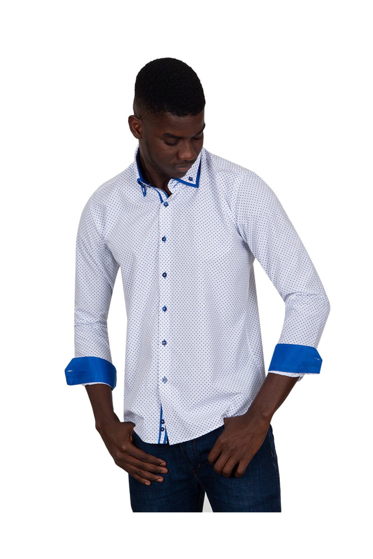 Erkek Beyaz Mavi Puantiyeli Duble Yaka Pamuklu Slim Fit Gömlek