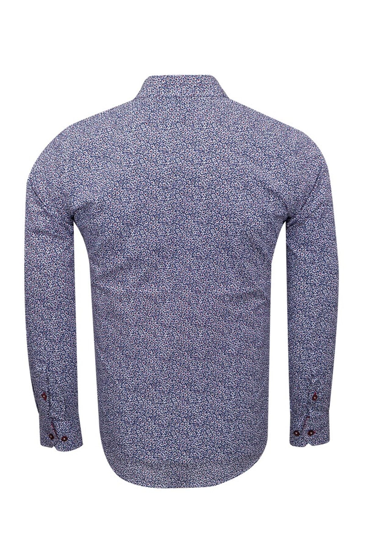Slim Fit Kırmızı Kontrast Detaylı Mikro Çiçekli Likralı Pamuk Gömlek