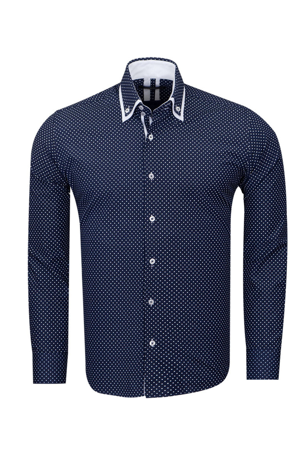 Erkek Lacivert Beyaz Puantiyeli Duble Yaka Pamuklu Slim Fit Gömlek