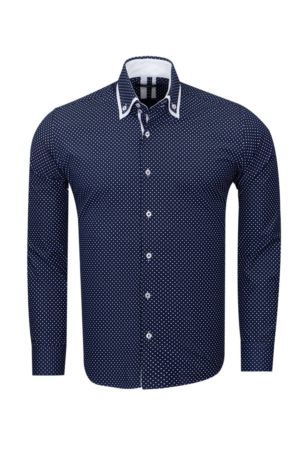Erkek Lacivert Beyaz Puantiyeli Duble Yaka Pamuklu Slim Fit Gömlek