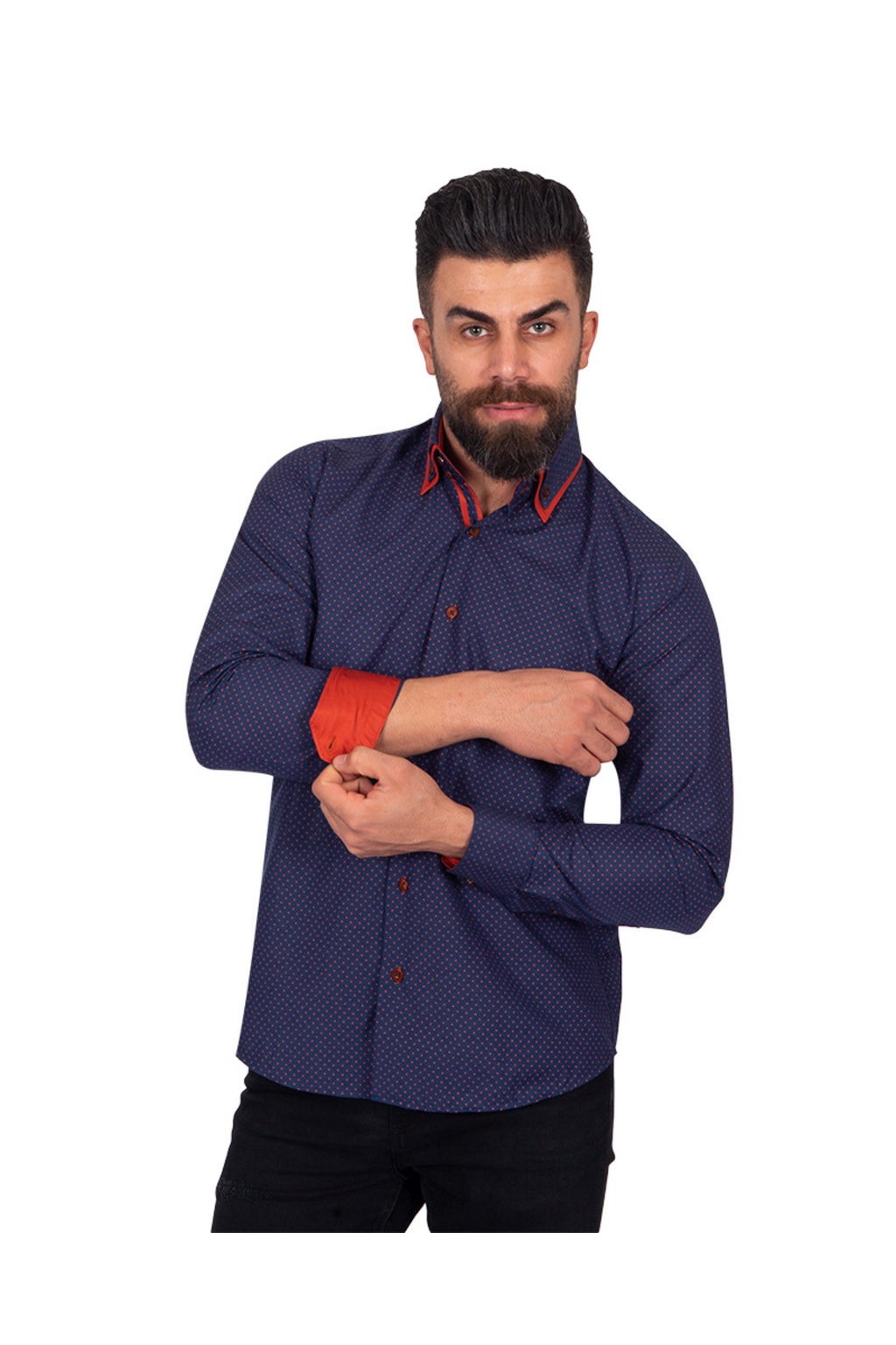 Erkek Lacivert Kırmızı Puantiyeli Duble Yaka Pamuklu Slim Fit Gömlek