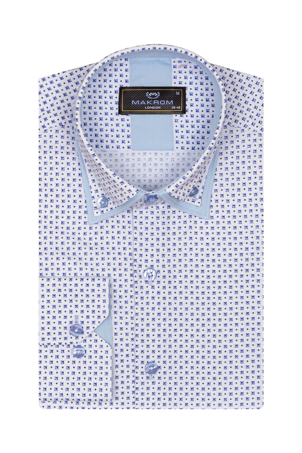 Erkek Beyaz Mavi Mikro Desenli Duble Yaka Slim Fit Pamuklu Gömlek