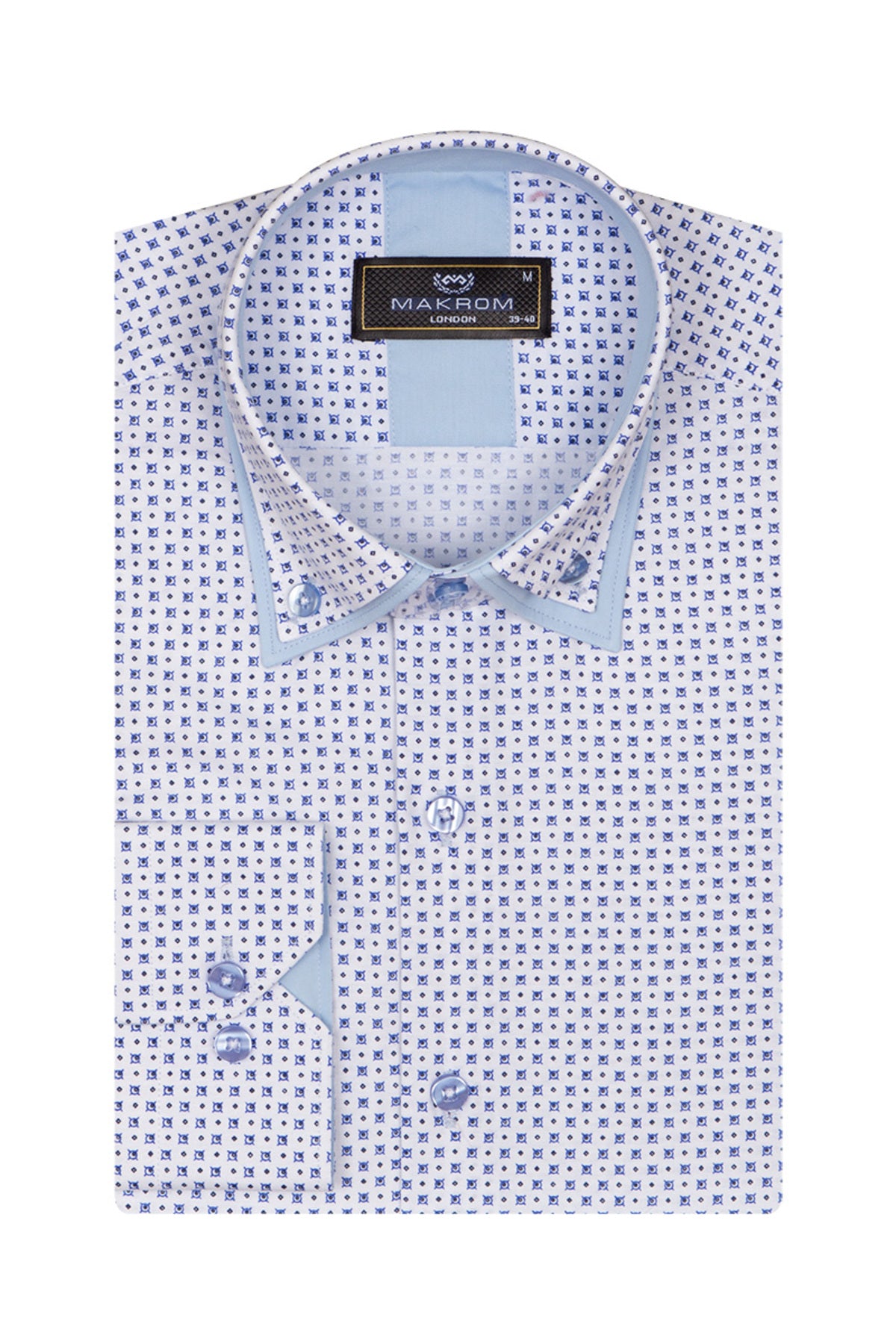 Erkek Beyaz Mavi Mikro Desenli Duble Yaka Slim Fit Pamuklu Gömlek